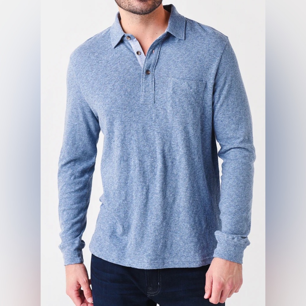 Faherty Men's Long Sleeve Luxe Heather in Flint Blue Heather Polo Size Small - Picture 2 of 14